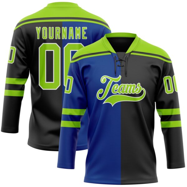 Custom Black Neon Green Royal-White Split Fashion Hockey Lace Neck Jersey