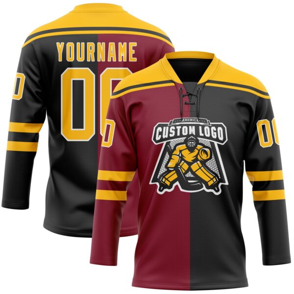 Custom Black Gold Crimson-White Split Fashion Hockey Lace Neck Jersey