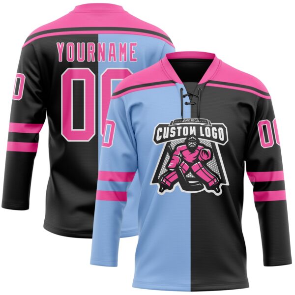 Custom Black Pink Light Blue-White Split Fashion Hockey Lace Neck Jersey