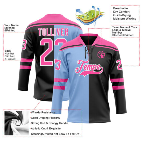 Custom Black Pink Light Blue-White Split Fashion Hockey Lace Neck Jersey