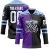 Custom Black White Purple-Light Blue Split Fashion Hockey Lace Neck Jersey
