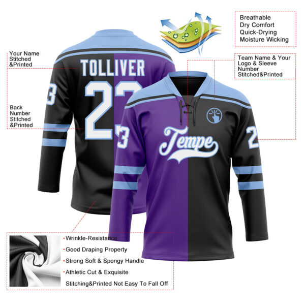 Custom Black White Purple-Light Blue Split Fashion Hockey Lace Neck Jersey