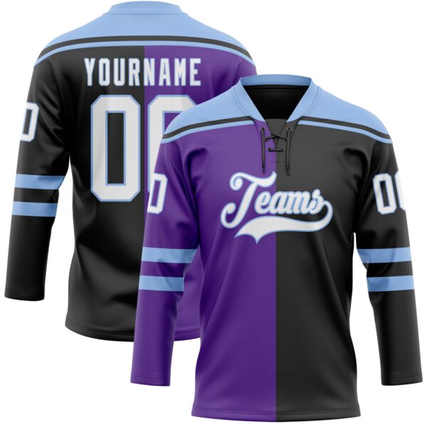 Custom Black White Purple-Light Blue Split Fashion Hockey Lace Neck Jersey