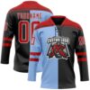 Custom Black Red Light Blue-White Split Fashion Hockey Lace Neck Jersey