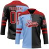 Custom Black Red Light Blue-White Split Fashion Hockey Lace Neck Jersey