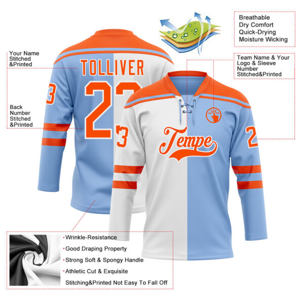Custom Light Blue Orange-White Split Fashion Hockey Lace Neck Jersey