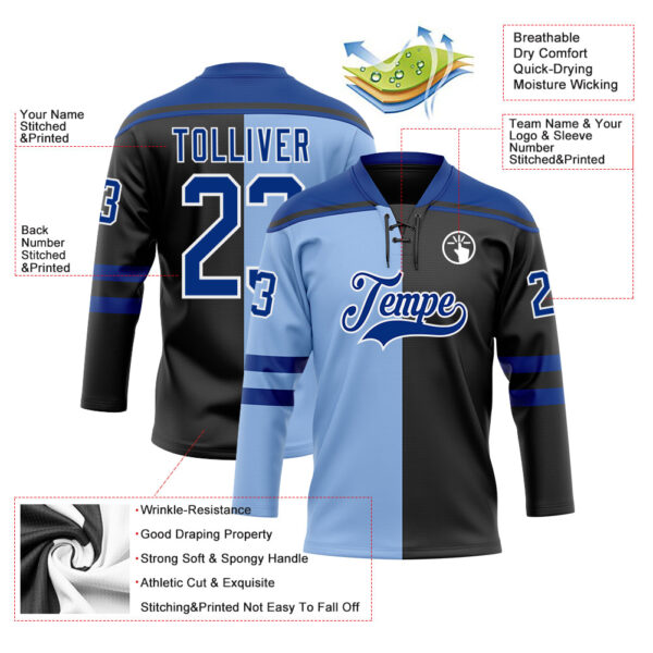 Custom Black Royal Light Blue-White Split Fashion Hockey Lace Neck Jersey