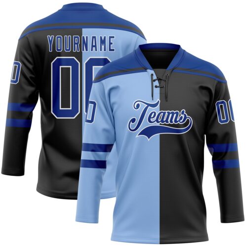 SplitF1223 Custom Black Royal Light Blue-White Split Fashion Hockey Lace Neck Jersey