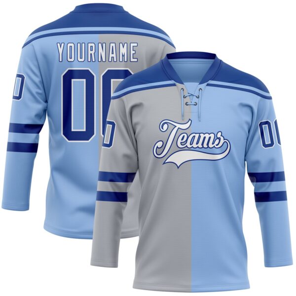 Custom Light Blue Royal Gray-White Split Fashion Hockey Lace Neck Jersey