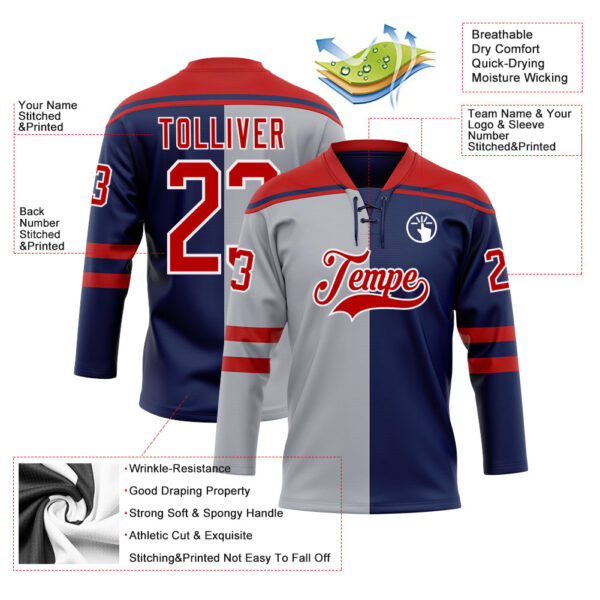 Custom Navy Red Gray-White Split Fashion Hockey Lace Neck Jersey