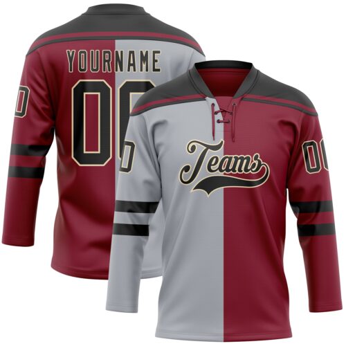 SplitF1227 Custom Crimson Black Gray-Cream Split Fashion Hockey Lace Neck Jersey