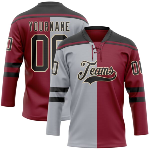 Custom Crimson Black Gray-Cream Split Fashion Hockey Lace Neck Jersey