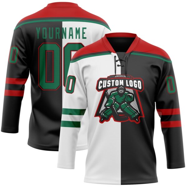 Custom Black Kelly Green White-Red Split Fashion Hockey Lace Neck Jersey