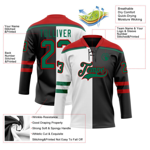 Custom Black Kelly Green White-Red Split Fashion Hockey Lace Neck Jersey