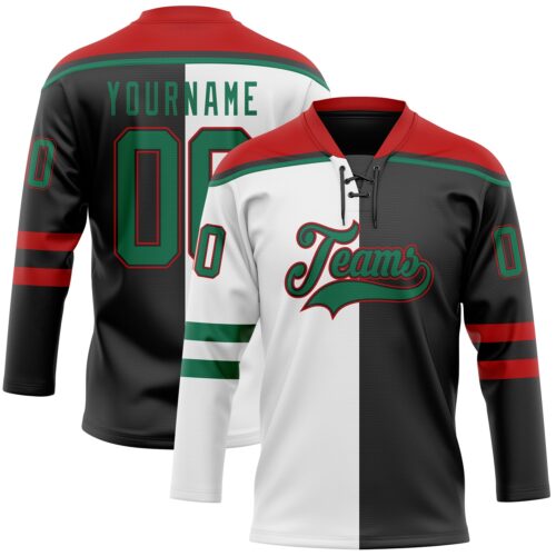 SplitF1228 Custom Black Kelly Green White-Red Split Fashion Hockey Lace Neck Jersey