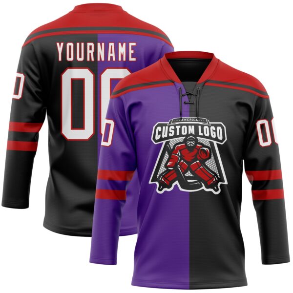 Custom Black White Purple-Red Split Fashion Hockey Lace Neck Jersey