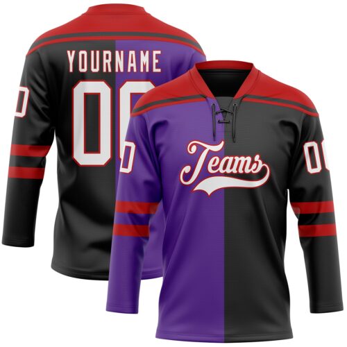 SplitF1229 Custom Black White Purple-Red Split Fashion Hockey Lace Neck Jersey