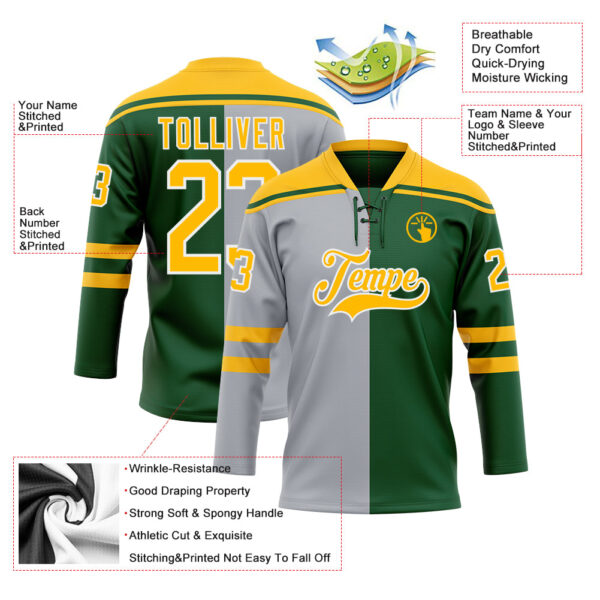 Custom Green Gold Gray-White Split Fashion Hockey Lace Neck Jersey
