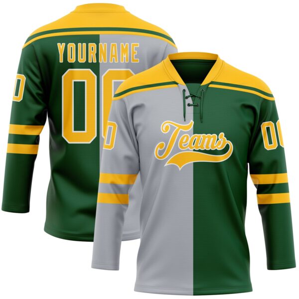 Custom Green Gold Gray-White Split Fashion Hockey Lace Neck Jersey