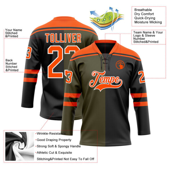 Custom Black Orange Olive-White Split Fashion Hockey Lace Neck Jersey