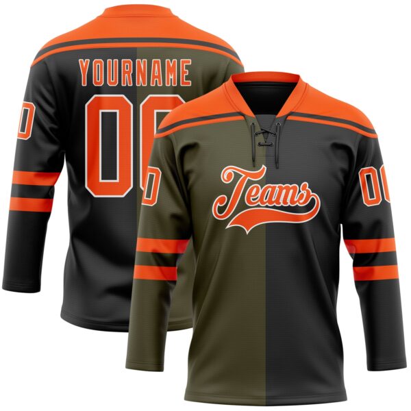 Custom Black Orange Olive-White Split Fashion Hockey Lace Neck Jersey
