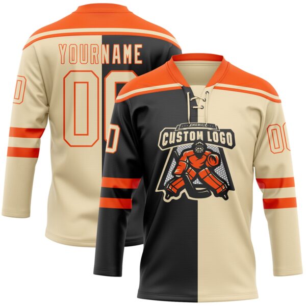 Custom Cream Black-Orange Split Fashion Hockey Lace Neck Jersey