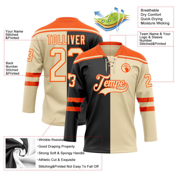 Custom Cream Black-Orange Split Fashion Hockey Lace Neck Jersey