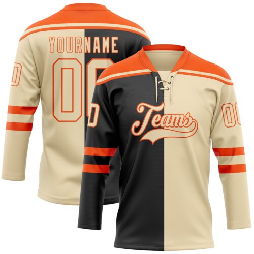 SplitF1232_32a95bcb-9255-4cdd-b16b-592ea64dad72 Custom Cream Black-Orange Split Fashion Hockey Lace Neck Jersey