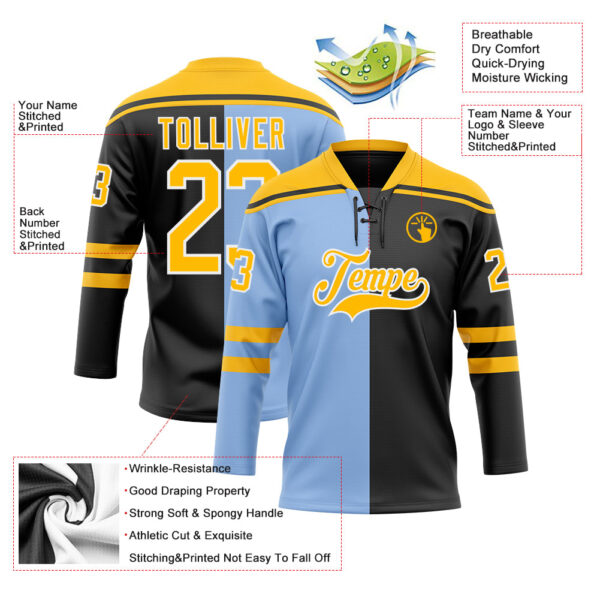 Custom Black Gold Light Blue-White Split Fashion Hockey Lace Neck Jersey