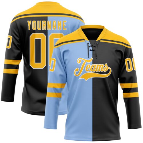 SplitF1233 Custom Black Gold Light Blue-White Split Fashion Hockey Lace Neck Jersey