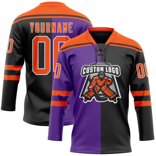 Custom Black Orange Purple-White Split Fashion Hockey Lace Neck Jersey