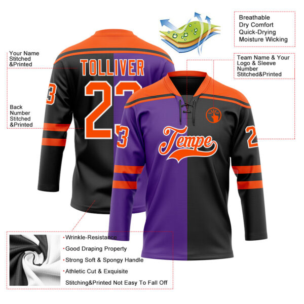 Custom Black Orange Purple-White Split Fashion Hockey Lace Neck Jersey