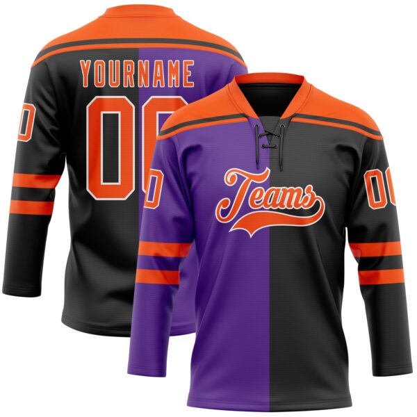 Custom Black Orange Purple-White Split Fashion Hockey Lace Neck Jersey