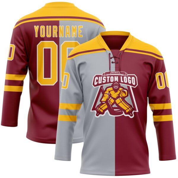 Custom Crimson Gold Gray-White Split Fashion Hockey Lace Neck Jersey