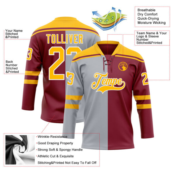 Custom Crimson Gold Gray-White Split Fashion Hockey Lace Neck Jersey