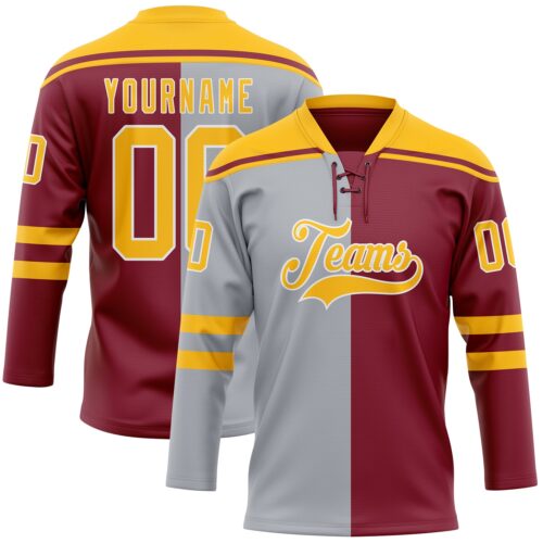 Custom Crimson Gold Gray-White Split Fashion Hockey Lace Neck Jersey