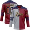 Custom Crimson Navy Gray-Gold Split Fashion Hockey Lace Neck Jersey