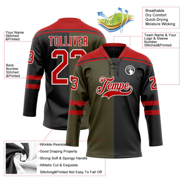 Custom Black Red Olive-White Split Fashion Hockey Lace Neck Jersey