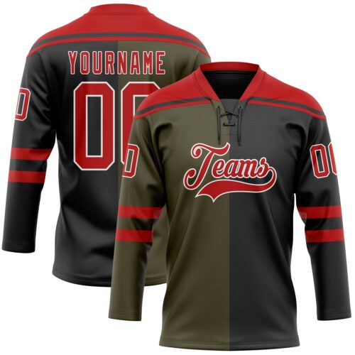 Custom Black Red Olive-White Split Fashion Hockey Lace Neck Jersey