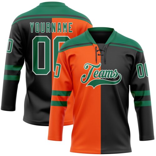 SplitF1238 Custom Black Kelly Green Orange-White Split Fashion Hockey Lace Neck Jersey