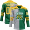 Custom Kelly Green Gold Gray-White Split Fashion Hockey Lace Neck Jersey
