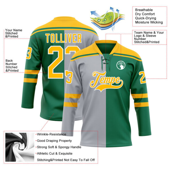 Custom Kelly Green Gold Gray-White Split Fashion Hockey Lace Neck Jersey
