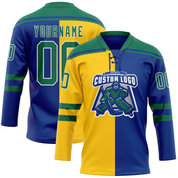 Custom Royal Kelly Green Yellow-White Split Fashion Hockey Lace Neck Jersey