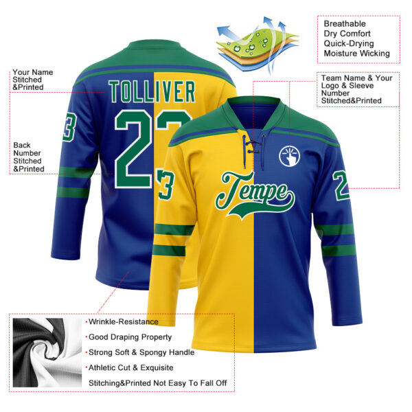 Custom Royal Kelly Green Yellow-White Split Fashion Hockey Lace Neck Jersey