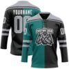 Custom Black Gray Teal-White Split Fashion Hockey Lace Neck Jersey