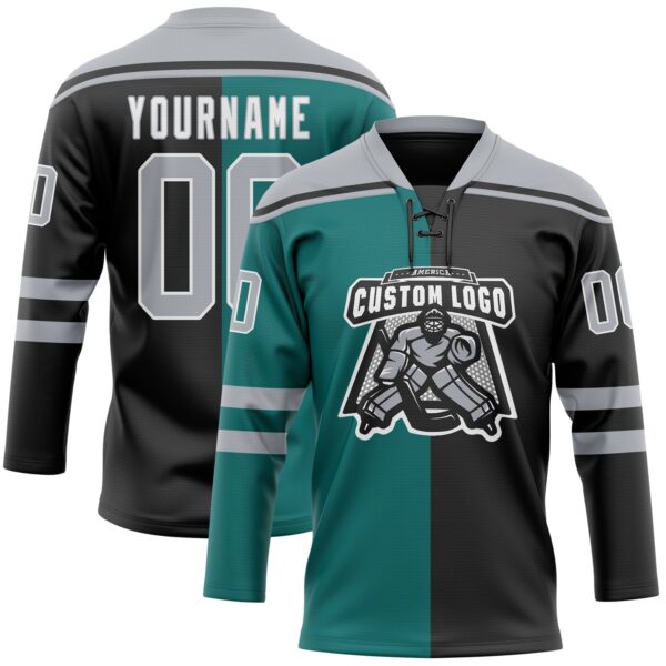 Custom Black Gray Teal-White Split Fashion Hockey Lace Neck Jersey