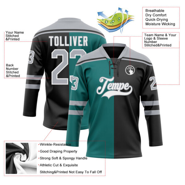 Custom Black Gray Teal-White Split Fashion Hockey Lace Neck Jersey