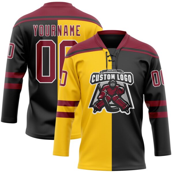 Custom Black Crimson Yellow-White Split Fashion Hockey Lace Neck Jersey