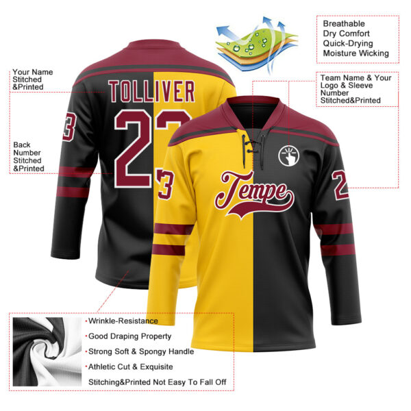 Custom Black Crimson Yellow-White Split Fashion Hockey Lace Neck Jersey