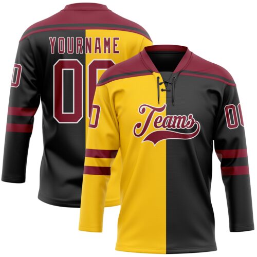 SplitF1242_e67fd973-2272-4792-8b6f-cc7a5ea48263 Custom Black Crimson Yellow-White Split Fashion Hockey Lace Neck Jersey